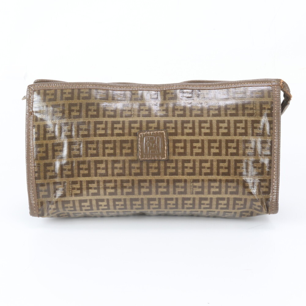 Fendi FF Zucchino Leather Clutch Bag, Handbag, Second Pouch, Tote Brown, Women's